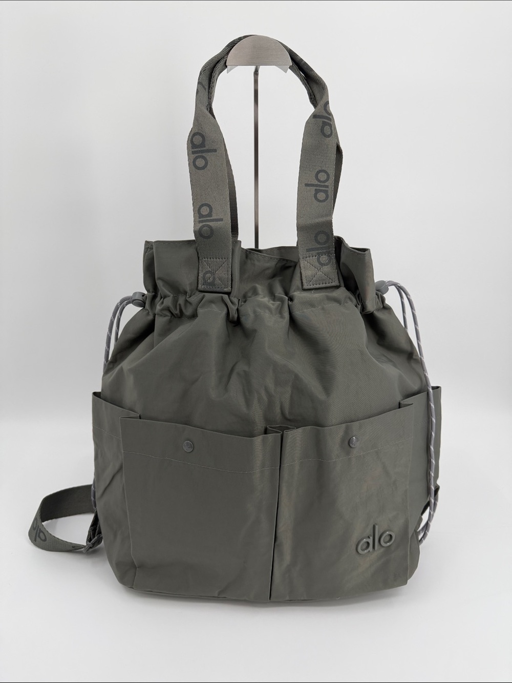 ALO Yoga Canvas Gray Drawstring Messenger Backpack Convertible Tote Bag